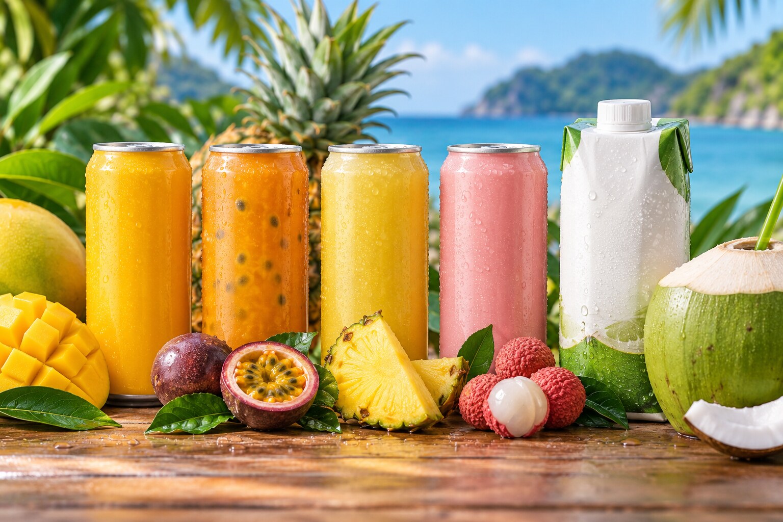 Export-ready canned tropical fruit beverages and packaged coconut water from Vietnam