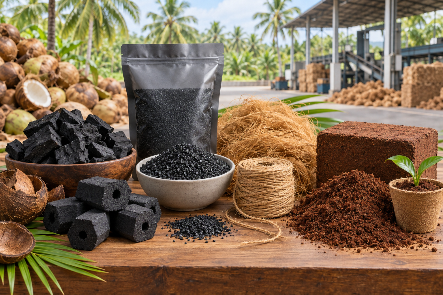 Vietnamese coconut by-products including coconut shell charcoal, activated carbon, coir fibre, coir twine and coco peat