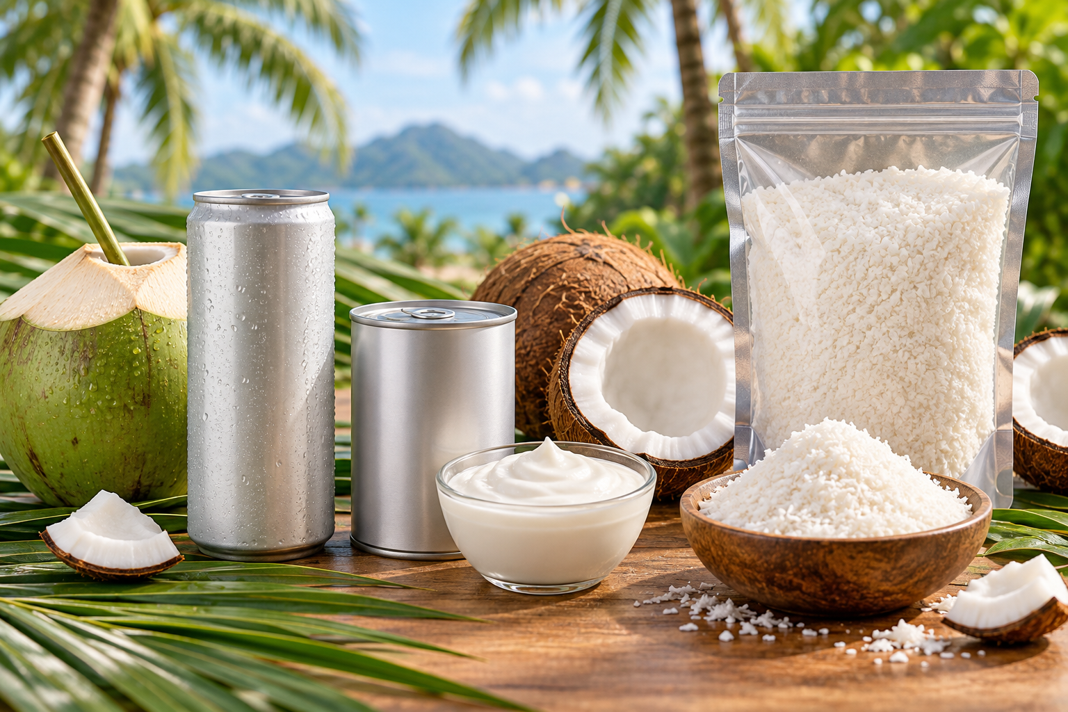 Vietnamese coconut products including canned coconut water, coconut cream and desiccated coconut