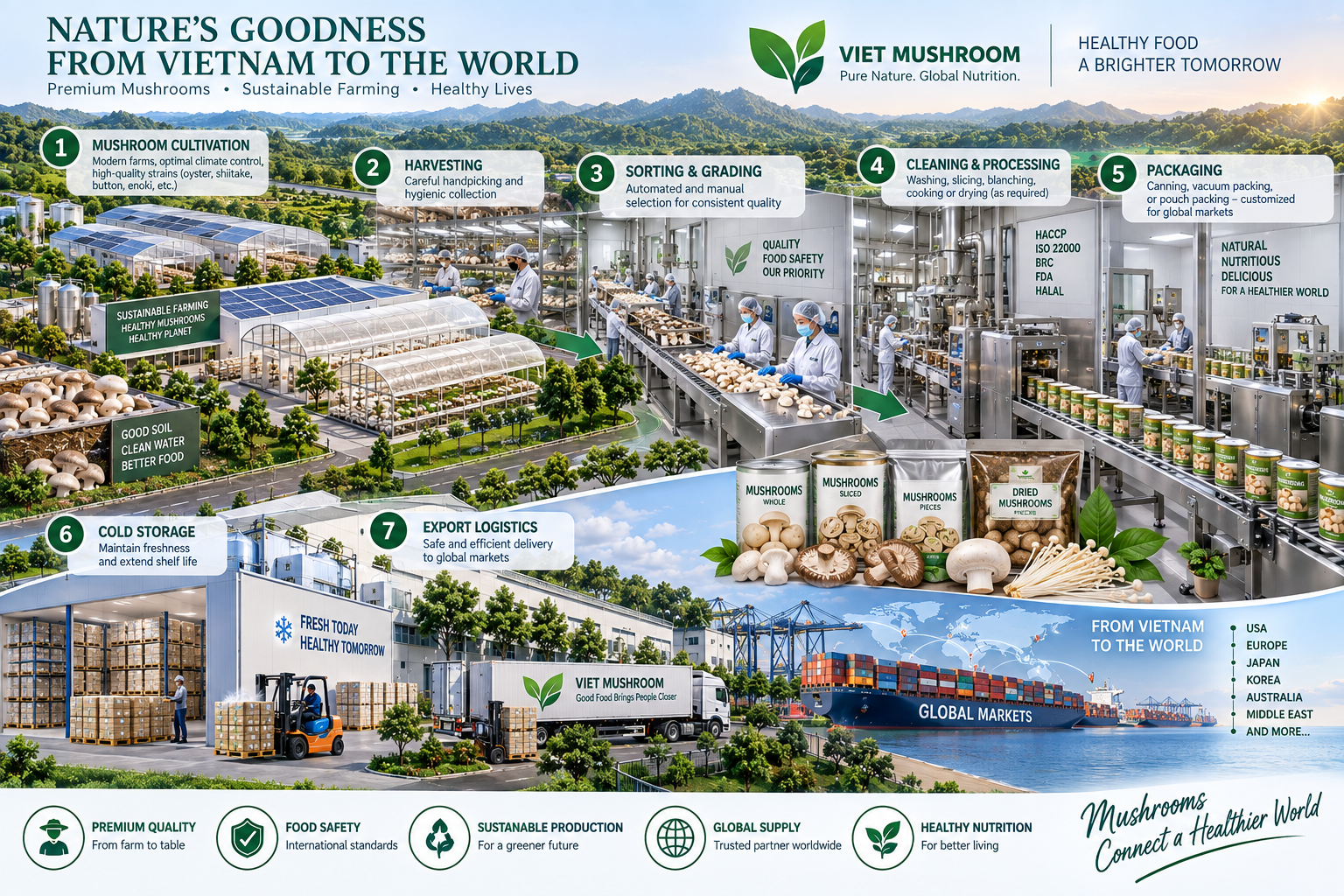 Vietnam mushroom cultivation, processing, packaging and export concept