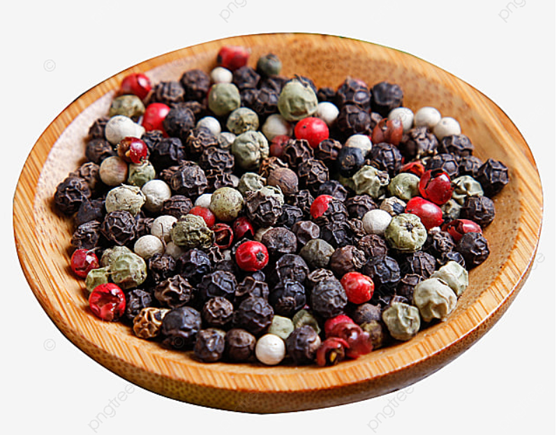 Mixed black, white, green and red peppercorns