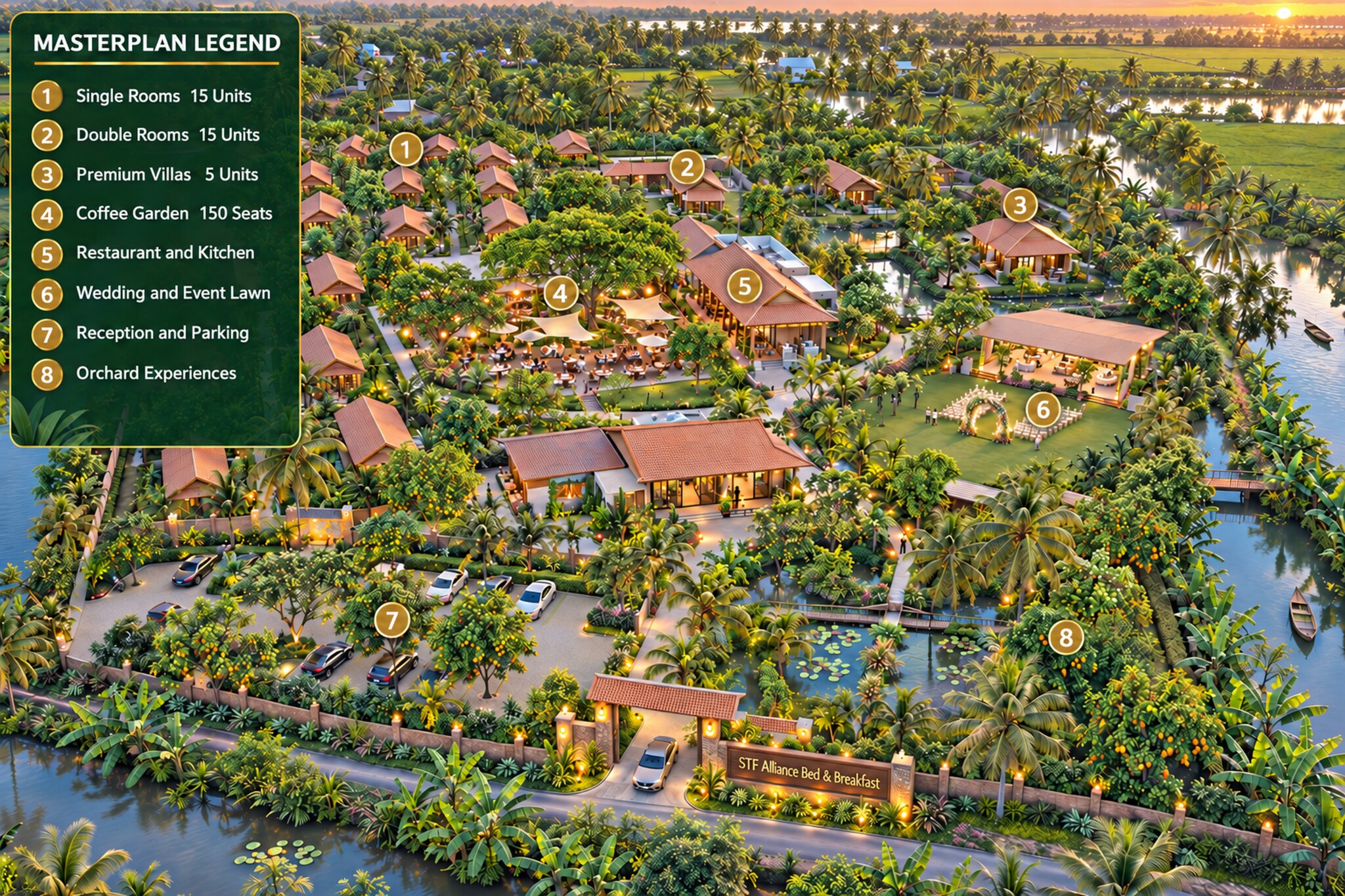 3D masterplan of the STF Alliance Orchard Bed and Breakfast project