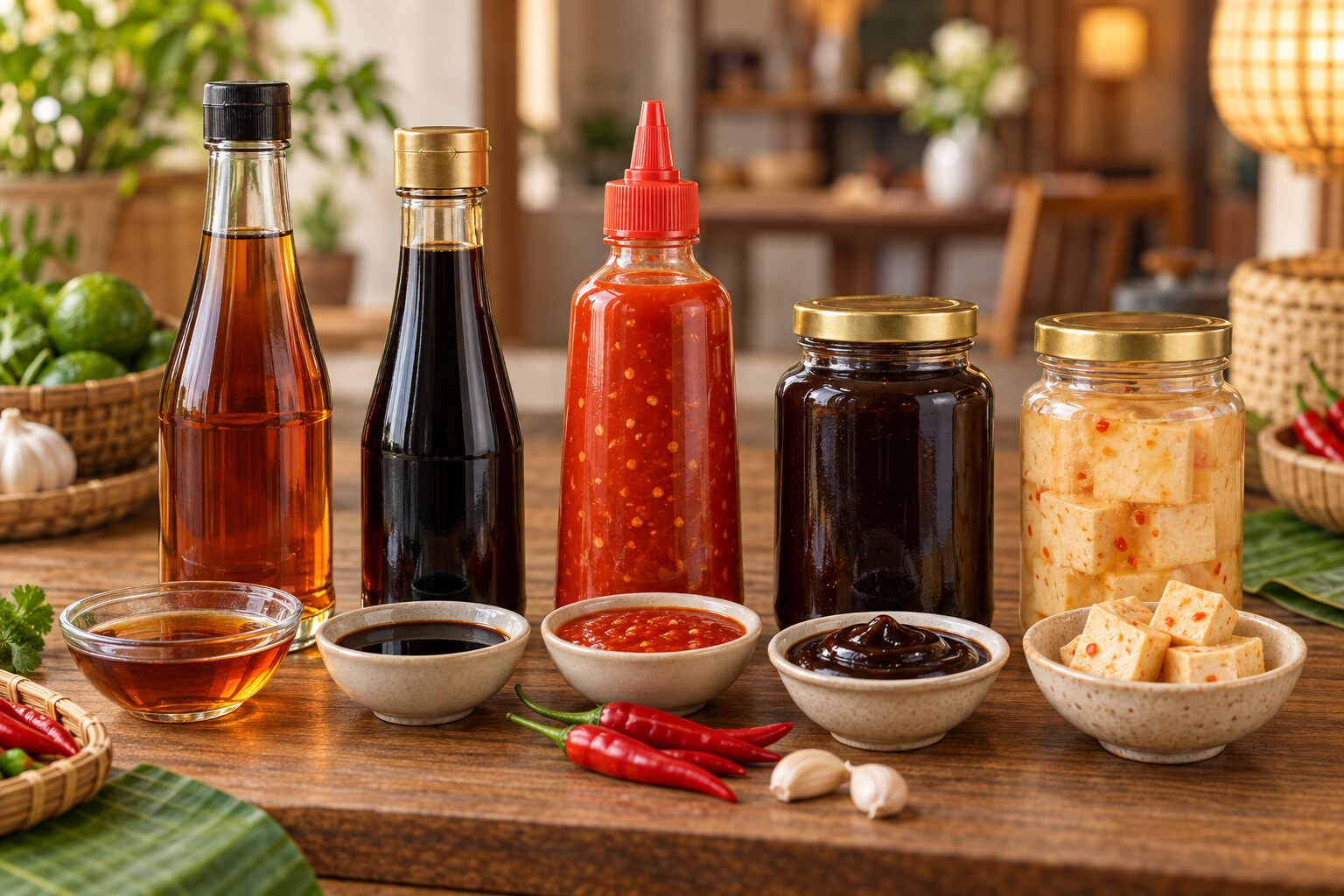 Vietnamese fish sauce, soy sauce, chilli sauce, hoisin-style black sauce and fermented bean curd